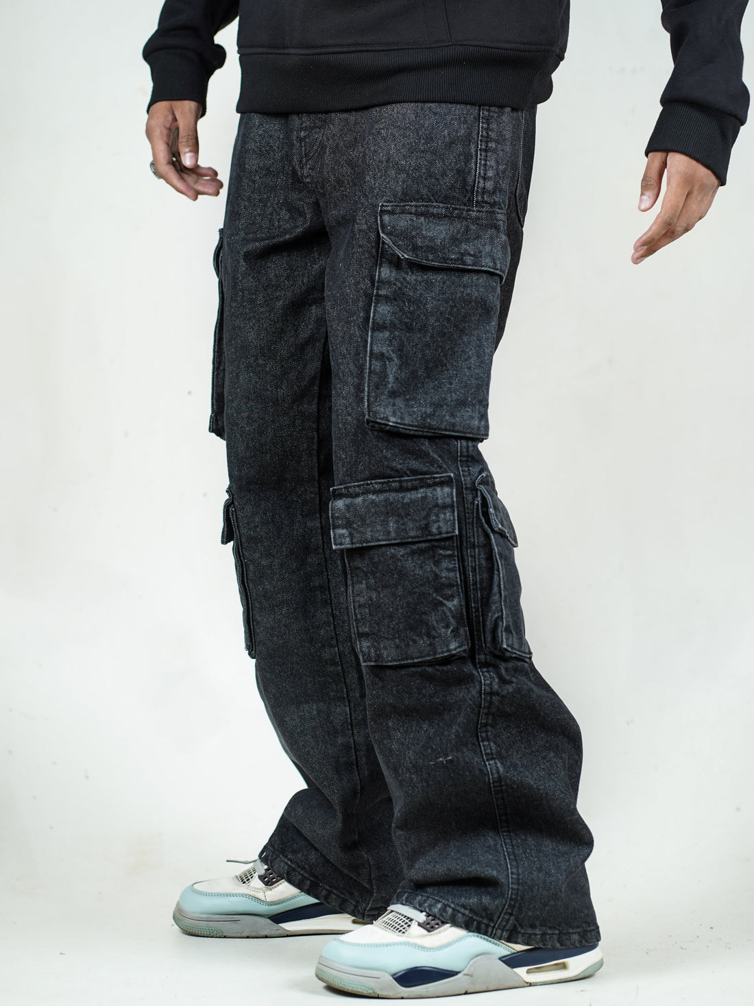 Black denim 10 pocket baggy full pant from BLISS
