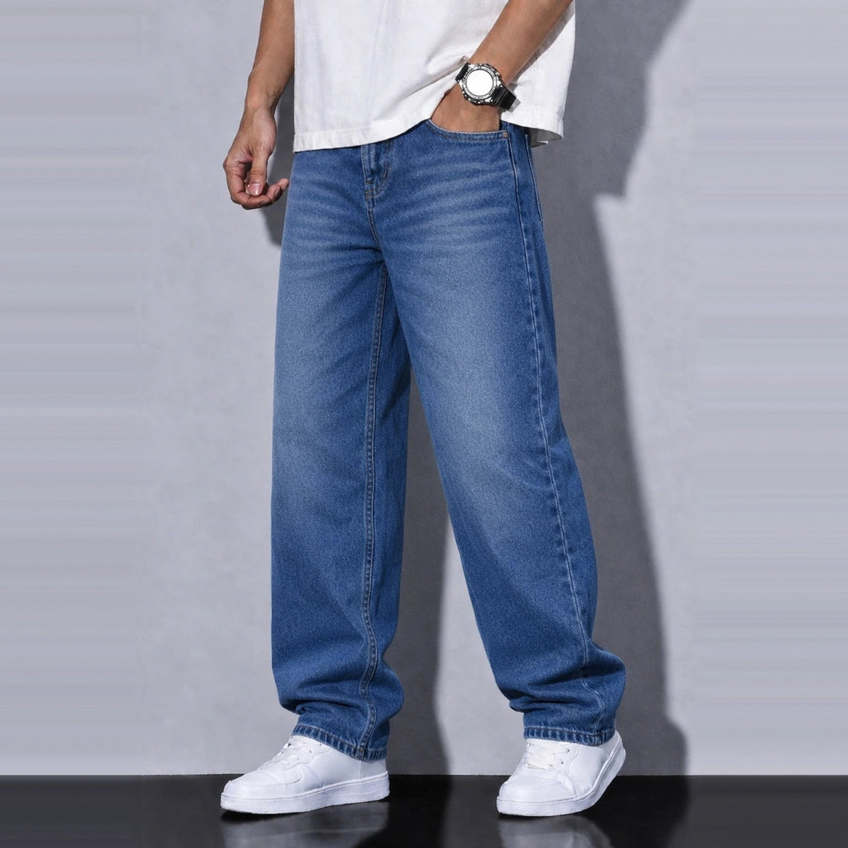 Frosteal Denim 5 Pocket - Straight Fit Baggy Full Pant - 2 Model Front