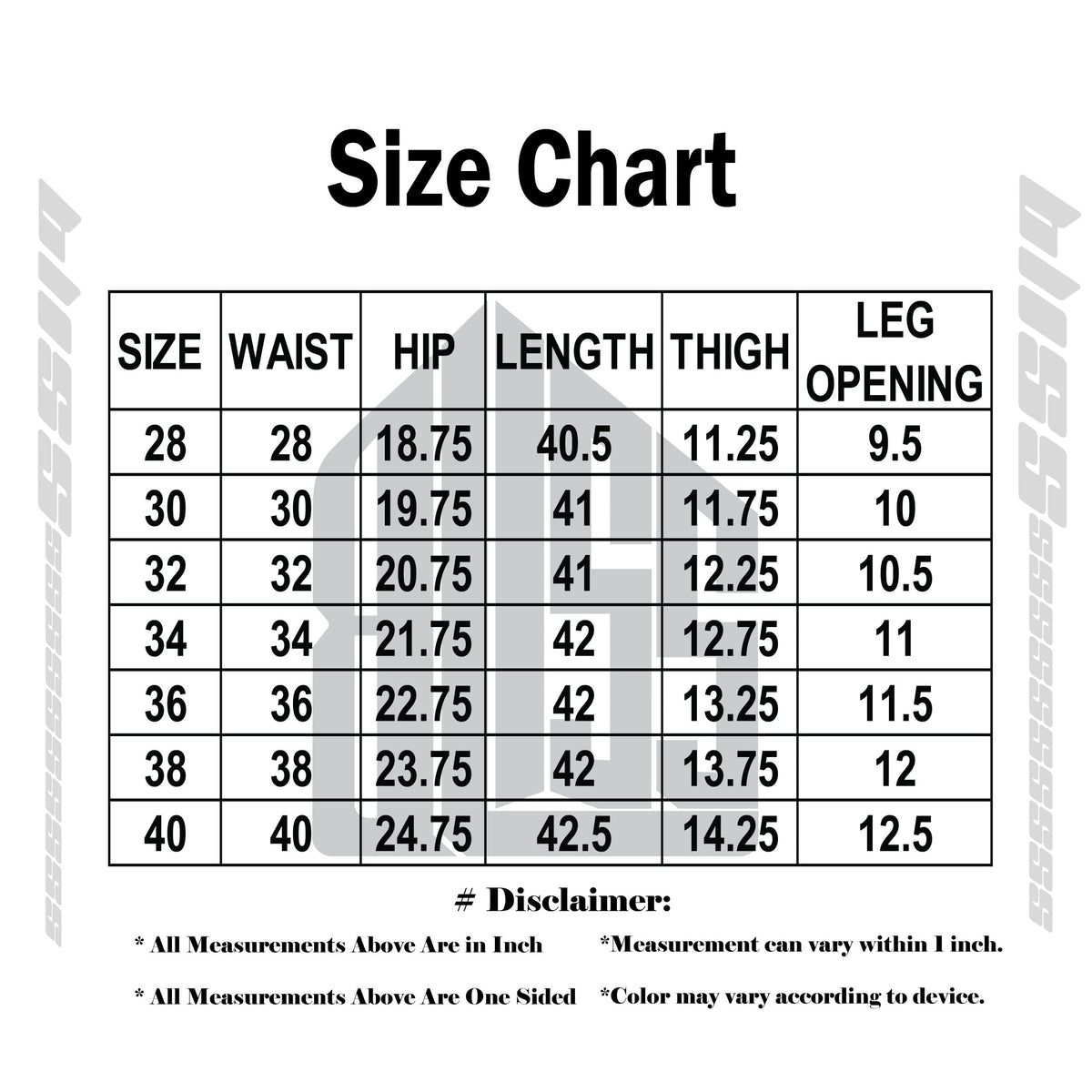 Midnight Flow Baggy Denim 5 Pocket - Baggy Full Pant - 6 Size Chart