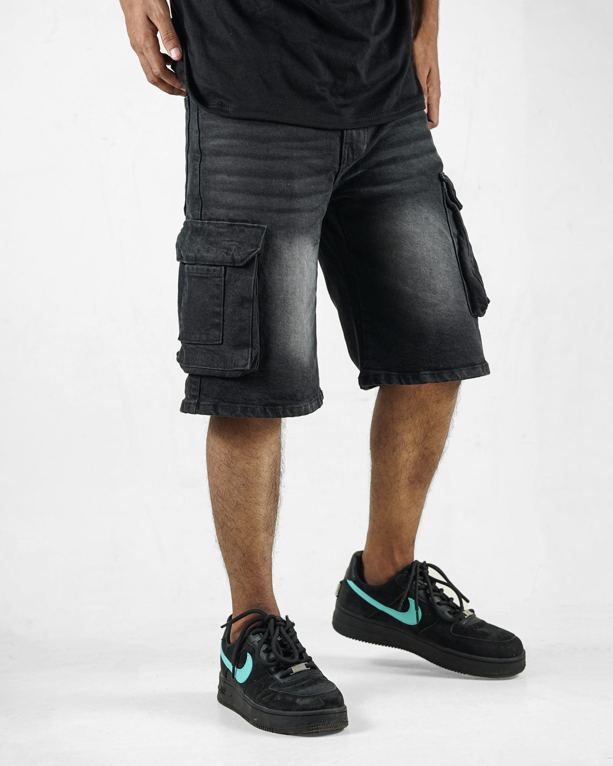 Black Brush Denim 9 Pocket - Baggy Shorts