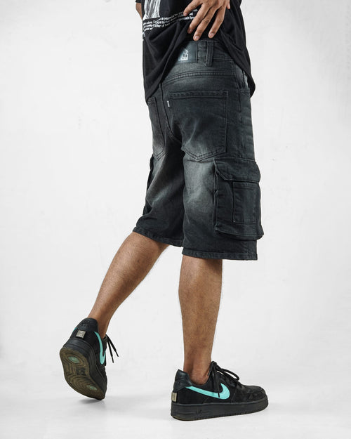 Black Brush Denim 9 Pocket - Baggy Shorts
