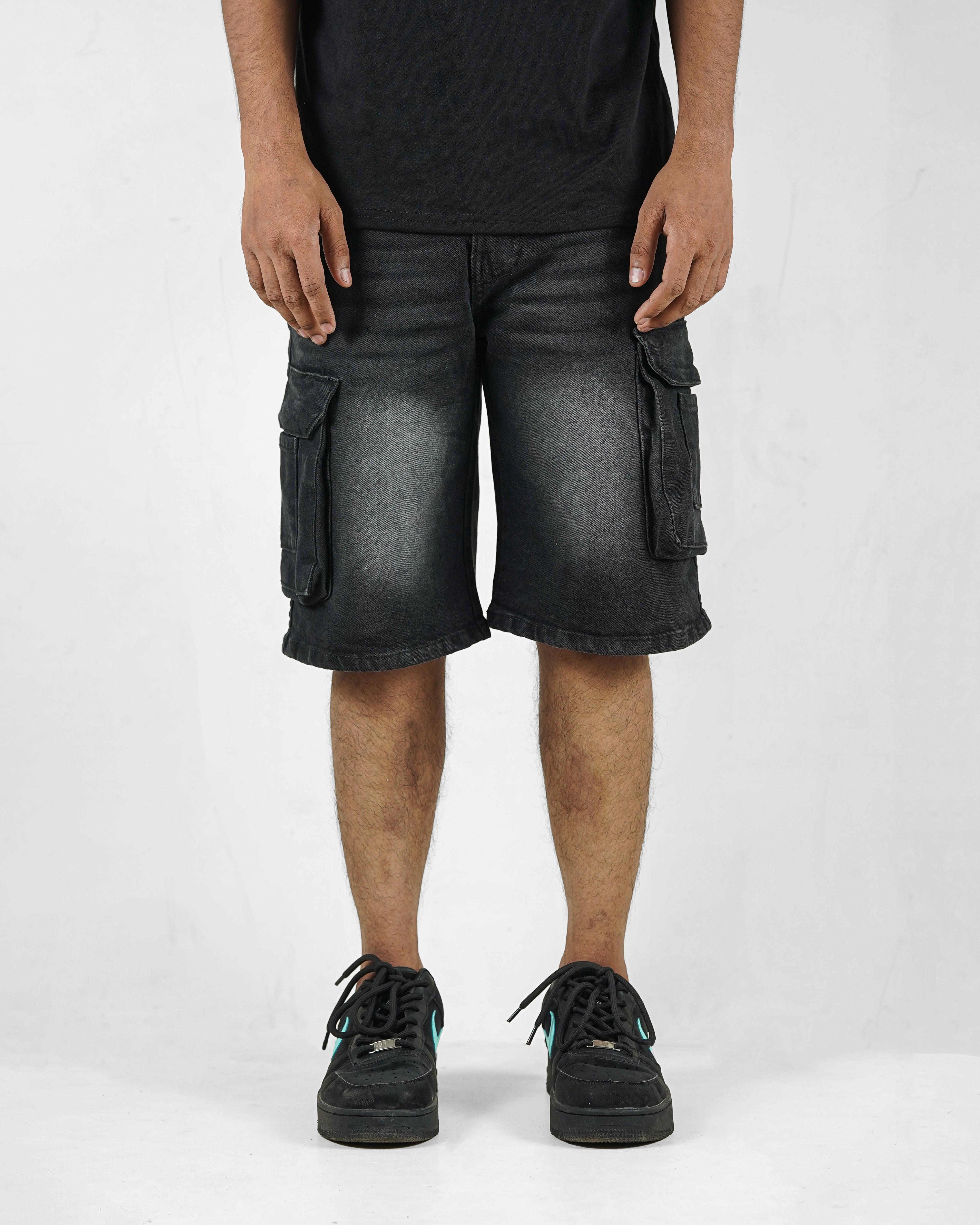 Black Brush Denim 9 Pocket - Baggy Shorts